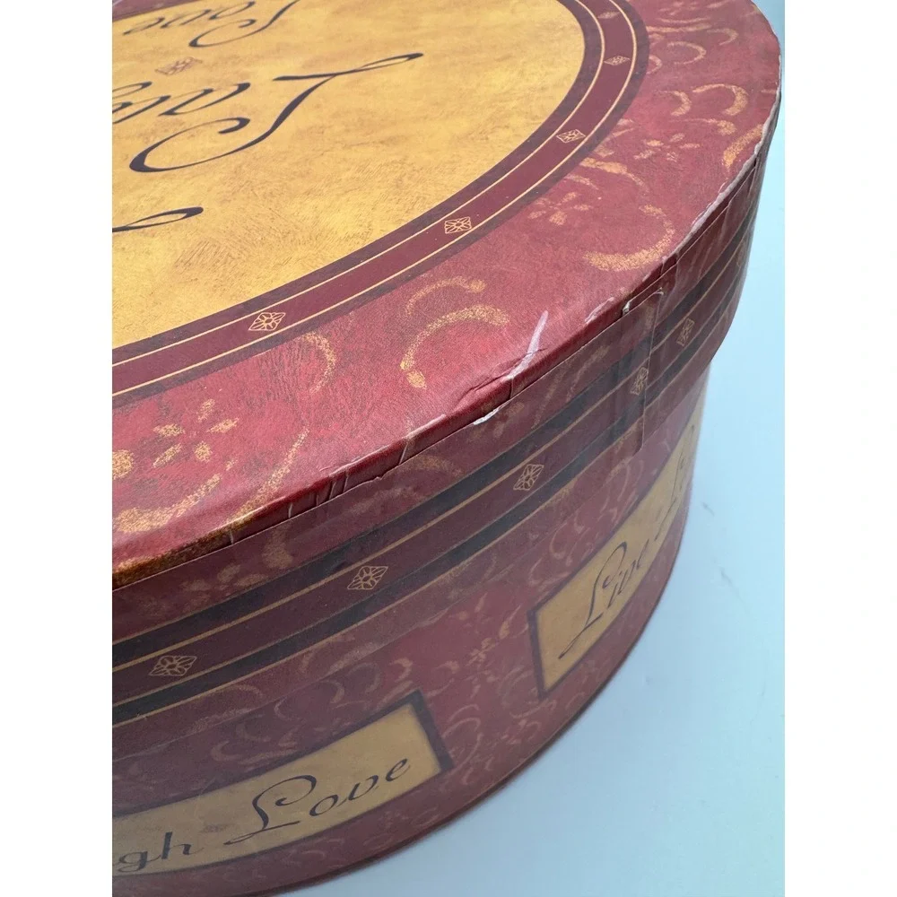 Live Laugh Love Round Decorative Storage Box Burgundy Gold Damask Hat Box Handle